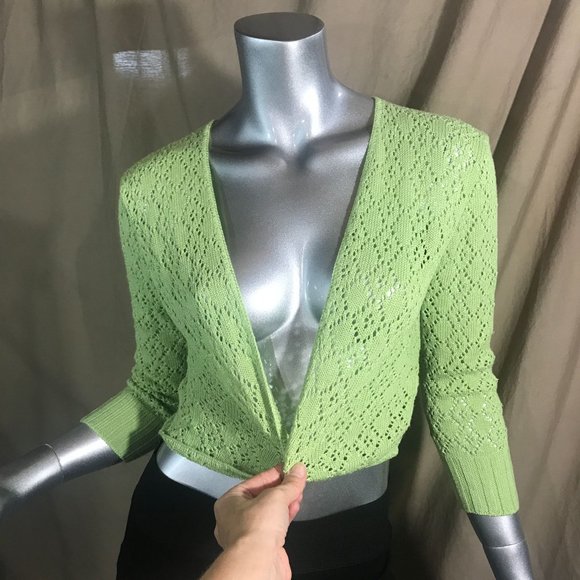 Vintage USA Notations Women's Medium Crop Neon Green Crochet Knit Open Front Car - Picture 14 of 14